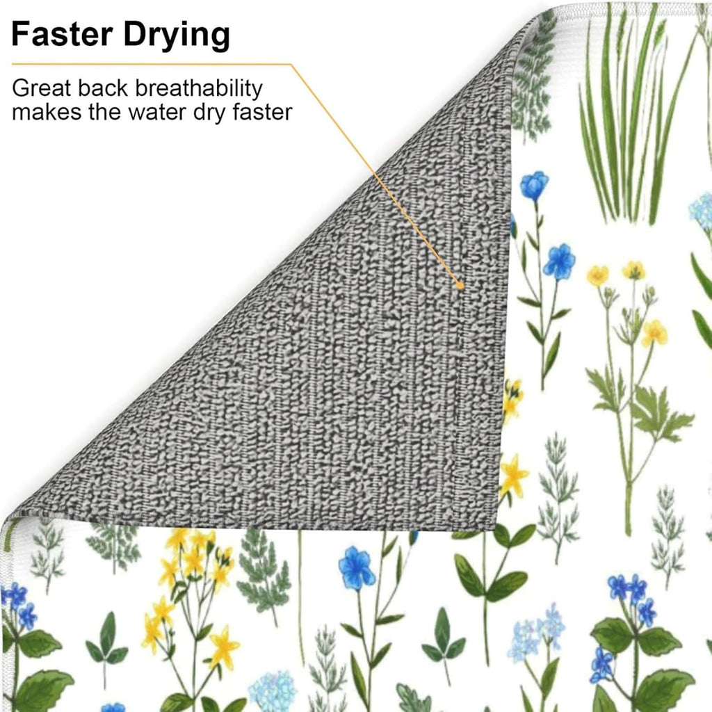 Blue Yellow Wildflower Dish Drying Mats for Kitchen Counter, Vintage Botanic Fern Leaves Floral Kitchen Drainer Pad, Absorbent Microfiber Reusable Washable Dish Draining Mats, Home Decor, 16 x 18 inch