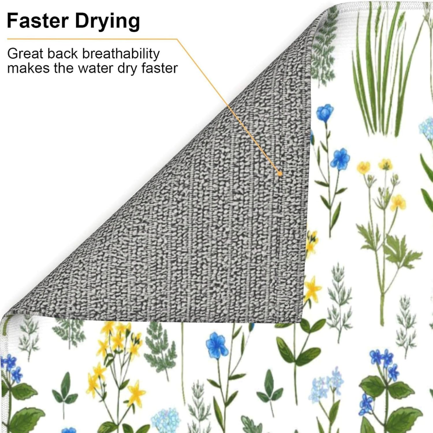 Blue Yellow Wildflower Dish Drying Mats for Kitchen Counter, Vintage Botanic Fern Leaves Floral Kitchen Drainer Pad, Absorbent Microfiber Reusable Washable Dish Draining Mats, Home Decor, 16 x 18 inch