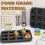 BEWOS 2 PCS Non-Stick 12 Cup Muffin Pan, Carbon Steel Mini Muffin Pan with 24 Reusable Silicone Silicone Molds, Dishwasher Safe & Easy Clean Muffin Tin, Baking Moulds for Muffins or Cupcake（Grey）