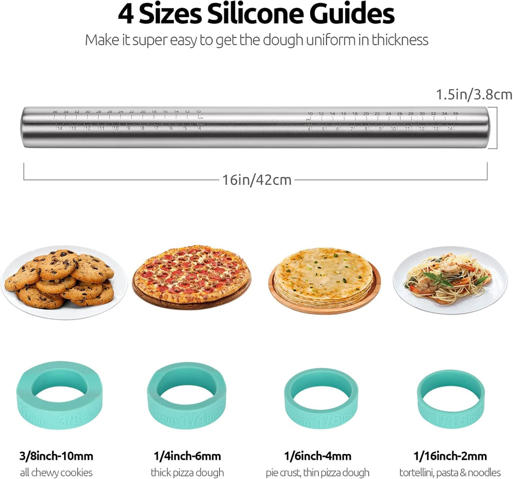U-Taste 18/8 Stainless Steel 16 inch Adjustable Rolling Pin with Silicone Removable Thickness Rings, Nonstick Kitchen Roller Pin for Baking Cookies Pastry Pizza Pasta Dough Fondant (Teal/Aqua Sky)
