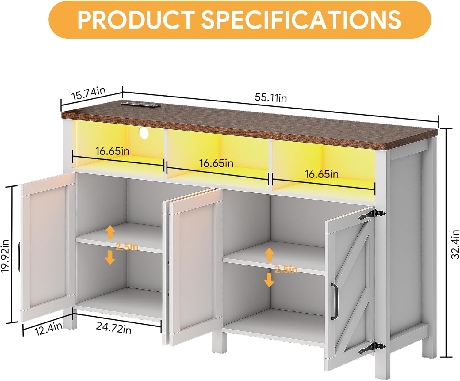 Buffet Sideboard with Storage with Power Outlets & LED Light 4 Doors, 55'' Large Farmhouse Kitchen Storage Cabinet Wood Coffee Bar Cabinet Buffet Table for Kitchen, Dining Room, Entryway