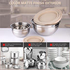 Mixing Bowls with Lids set - 25 PCS Stainless Steel Nesting Khaki Mixing Bowls Set for Baking,Mixing,Serving & Prepping,Size 5, 3.7, 2.8, 2.3, 1.7, 1.1, 0.7QT, 11 Cooking Utensils