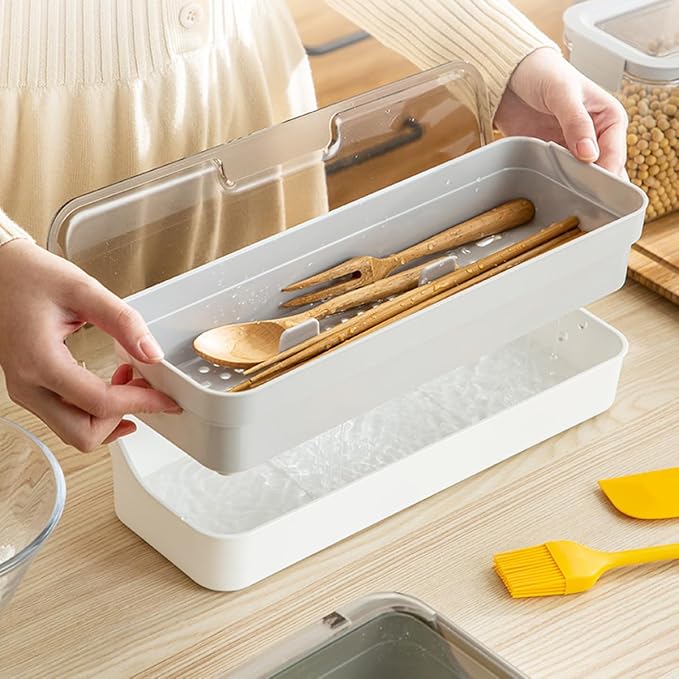 Plastic Kitchen Drawer Organizer with Lid and Drainer Stackable Utensil Holder for Countertop Silverware Tray White Flatware Organizers - 12.6x4.7x2.4 Inch Storage Box Spatula Cutlery Tray