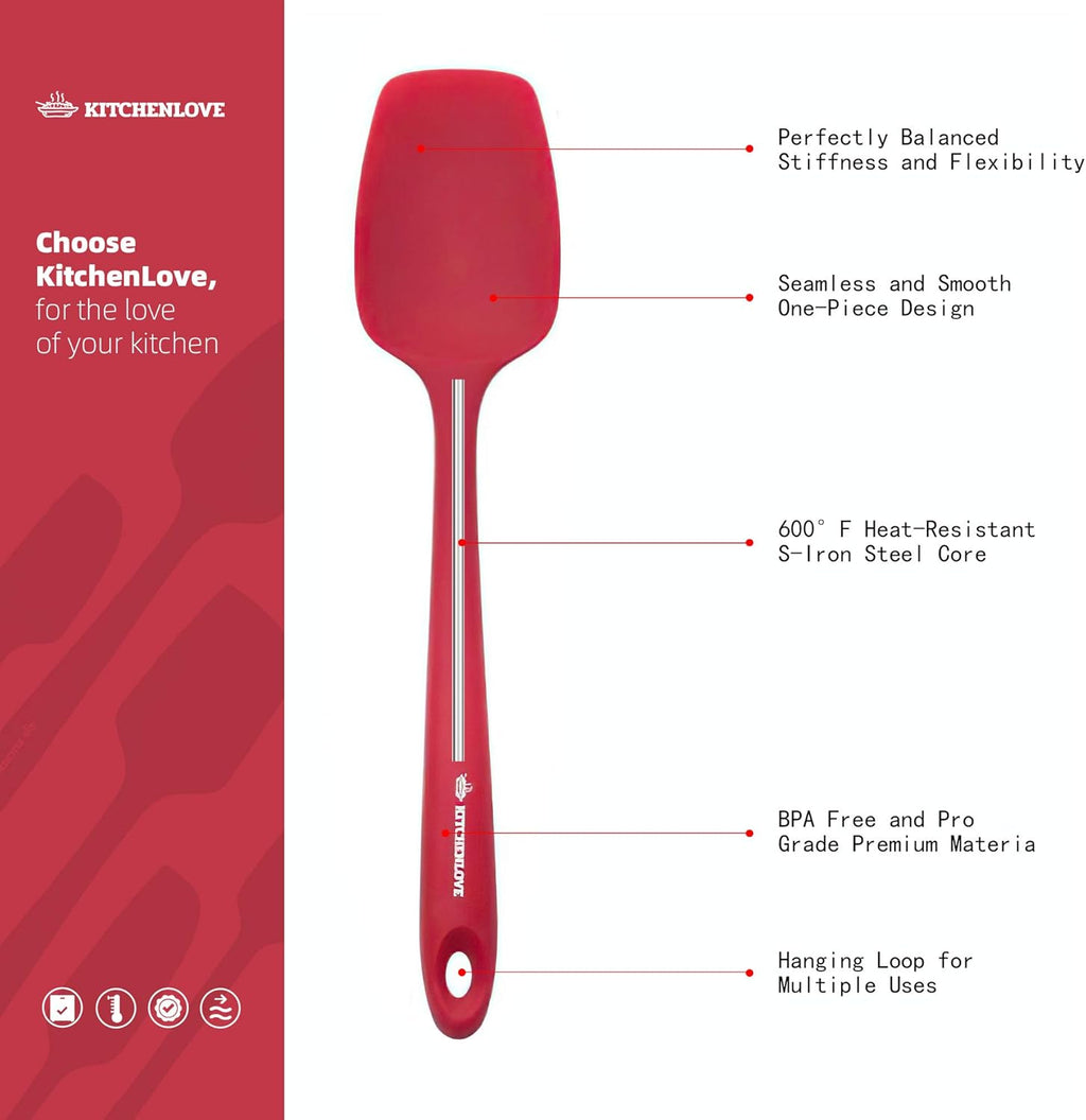KITCHENLOVE Premium 600°F Heat Resistant 5 Piece Silicone Spatula Set for Baking, Cooking, Mixing - Non-Stick with High Grade S-Iron Steel Core - One Piece Seamless Design - BPA Free (Red)