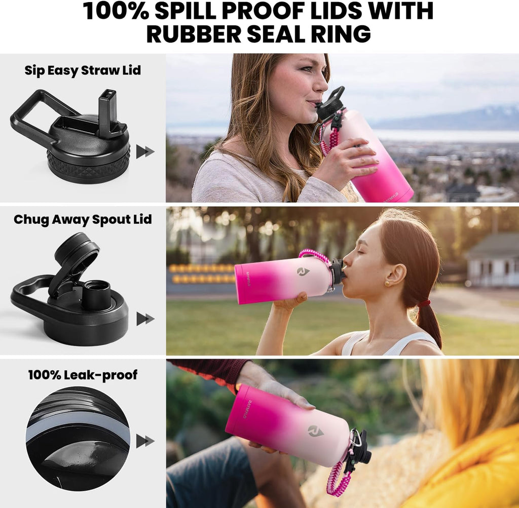 Insulated Water Bottle 87 oz, Triple Wall Vacuum Stainless Steel (Cold for 48 Hrs), Leak Proof & Non-BPA, Modern Water Flask Jug with Paracord Handle & Straw Spout Lids, Ombre Pink