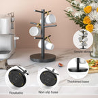 Wisuce Coffee Mug Holder Tree Upgraded 360Rotated Cup Holder for Counter Black Wood Cup Tree Mug Rack Organizer Stand with 6 Hooks for Kitchen Coffee Bar Accessories