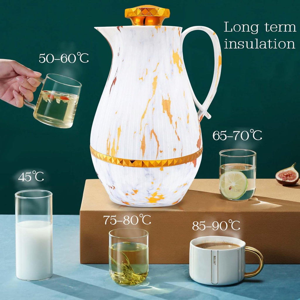 Insulated Thermal Coffee Carafe, 33 oz, Luxury Arabic-Style Insulated Carafe Flask, Coffee Tea Pot, with Spout and Glass Liner for Hot Cold Water, Housewarming Ornaments (White and Gold)