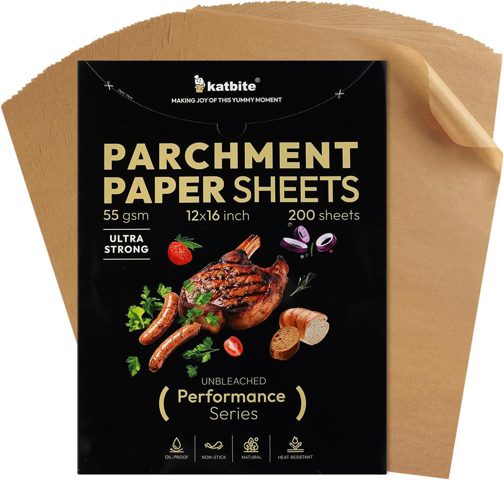 Katbite 200 Pcs Parchment Paper Sheets, 12x16IN Ultra-strong Unbleached Baking Paper Non-Stick for Professional Baking, Pre-cut Parchment Paper Suitable for Baking,Cooking [Performance Series]