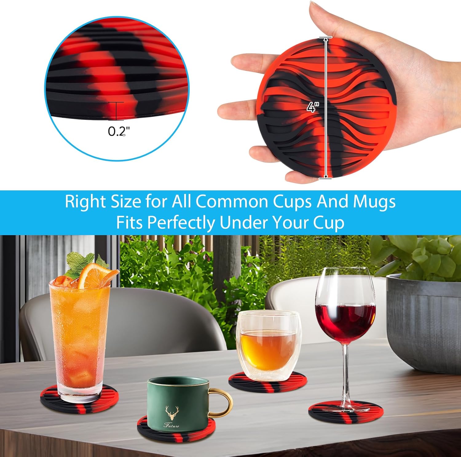 6 Pack Drink Coasters,Coasters for Drink with Holder,Non-Slip Silicone Cup Mat,Rubber Coaster Live for Hot or Cold Drink,Fits Any Size of Cups(Black Red)