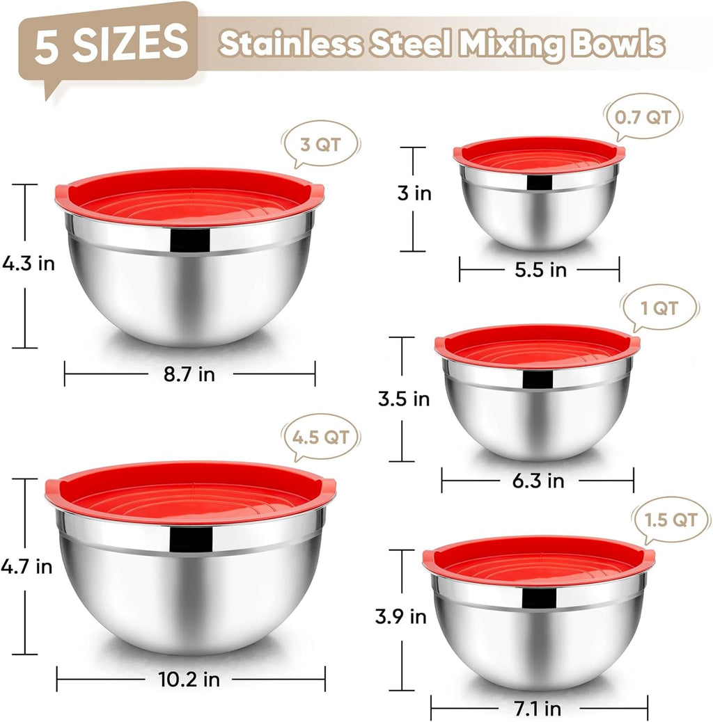 TeamFar Mixing Bowls, 4.5/3/1.5/1/0.7 QT, Stainless Steel Metal Nesting Salad Bowl with Lid Set, Ideal for Mixing Serving, Non-Toxic & Sturdy, Airtight Lid & Easy Clean, Red-Set of 5