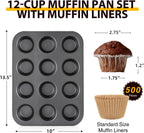 HONGBAKE Muffin Pan with 500 Cupcake Liners, Nonstick Cup Cake Tin for Baking,Premium 12 Cup Cheesecake Trays - Dark Grey