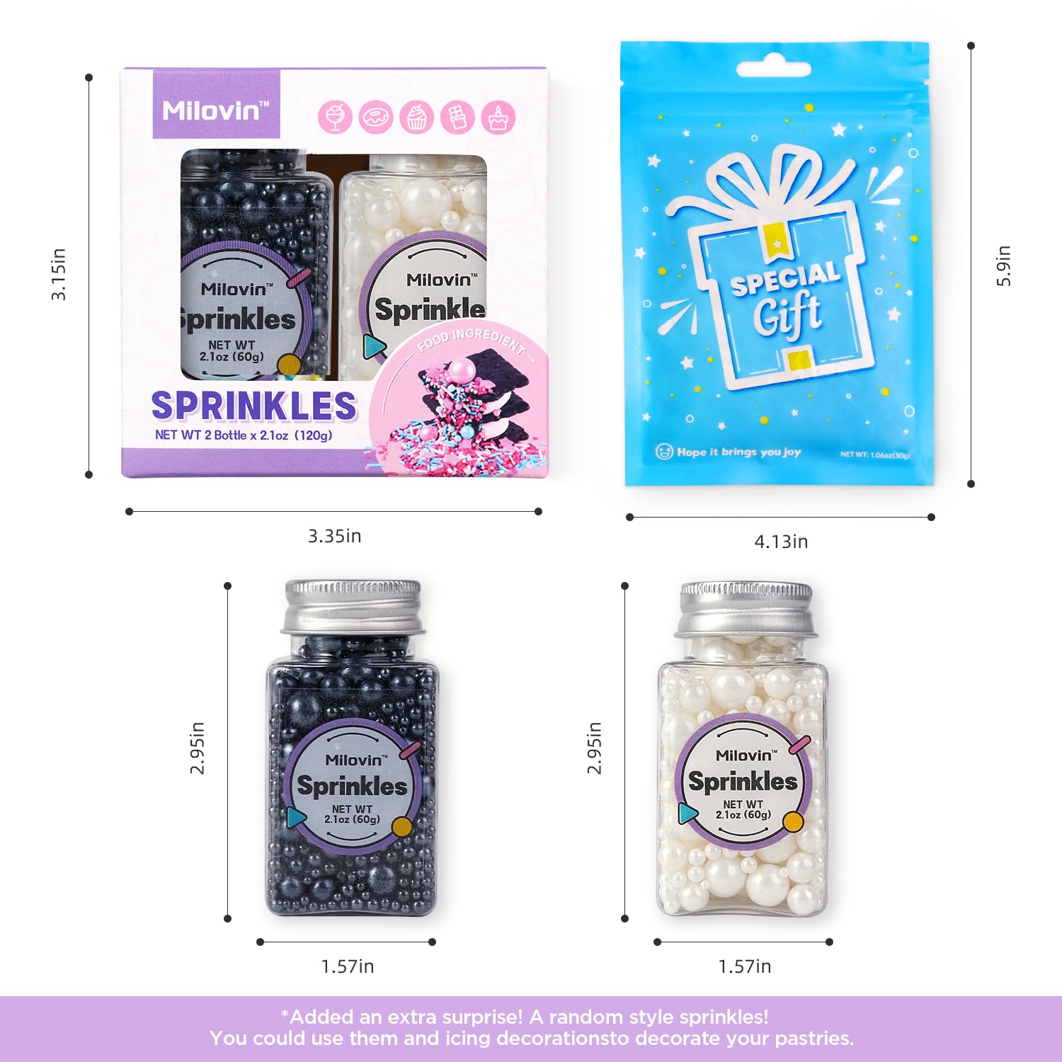 Edible Black and White Sprinkles, White Pearl Sprinkles, Black Sugar Pearls, Edible Pearls for Cake Decorating, Cupcakes, Ice Cream Toppers, Macarons, and Cookies(4.23oz)