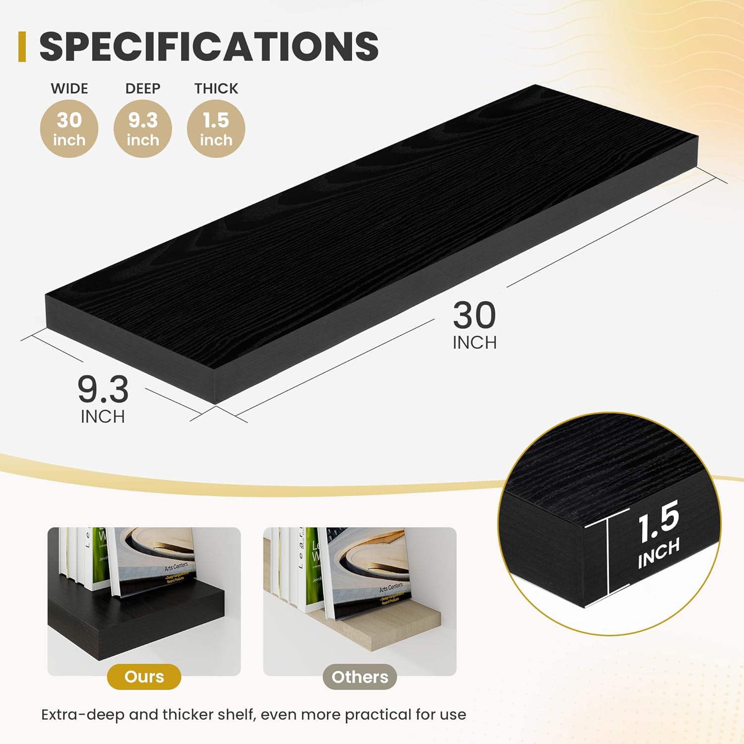 30 Inch Floating Shelves, 9.3" Deep Floating Shelf Wall Mounted, 30" Wall Shelves, Rustic Deep Bookshelf, Large Display Shelves & Storage Shelves for Bedroom, Living Room, Black, Set of 2