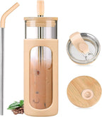 Kodrine 24oz Glass Tumbler with 2 Lids and Straws, Glass Cup With Bamboo Lid and On-the-go Lid, Reusable Iced Coffee Cup, Ideal for Smoothie, Cold Drinks, Fit Cup Holder, BPA Free(1, Amber)