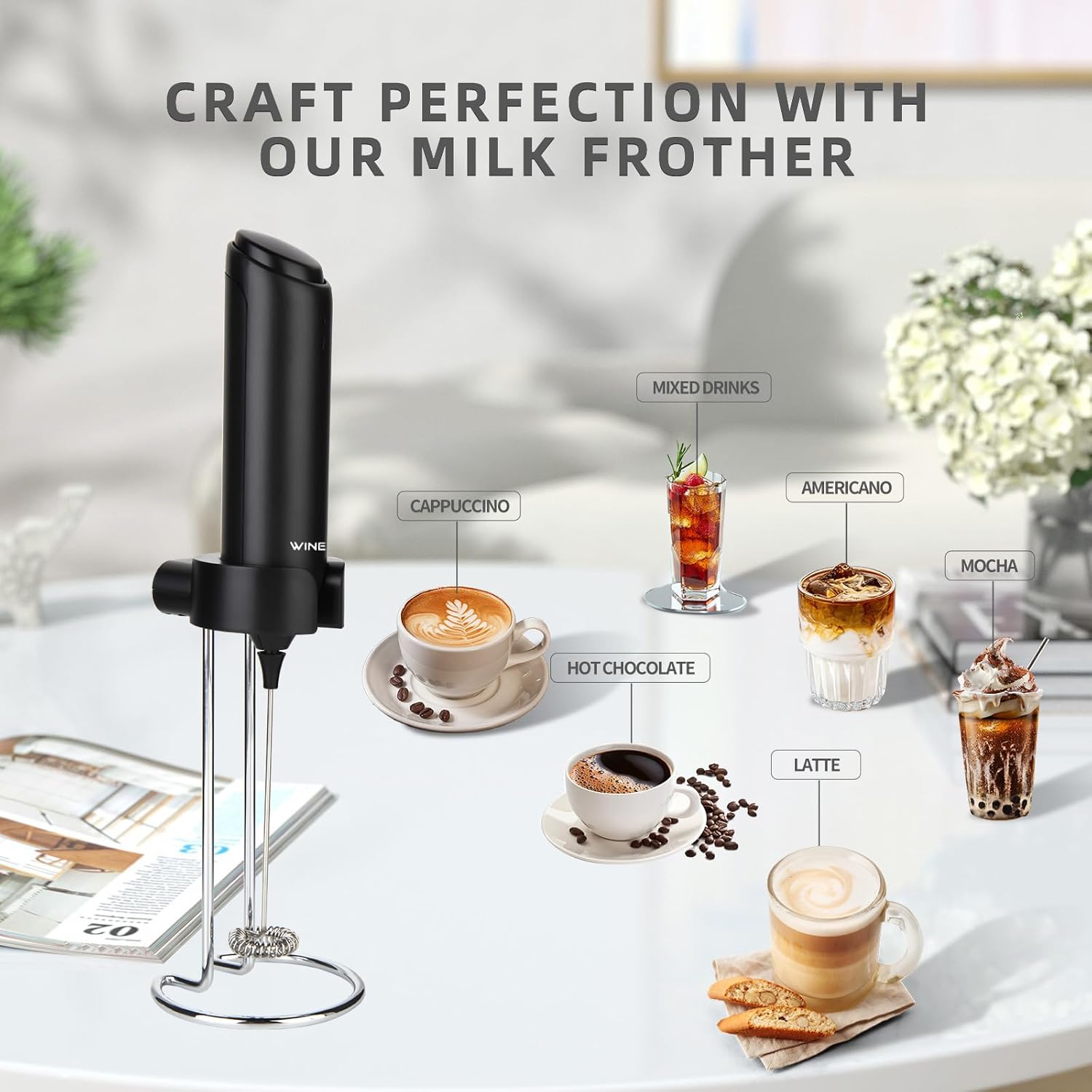 Rechargeable Electric Milk Frother Handheld, Coffee Frother with USB C Charging Stand, Powerful Frother Wand Whisk, Drink Mixer for Lattes, Hot Chocolate, Matcha, etc