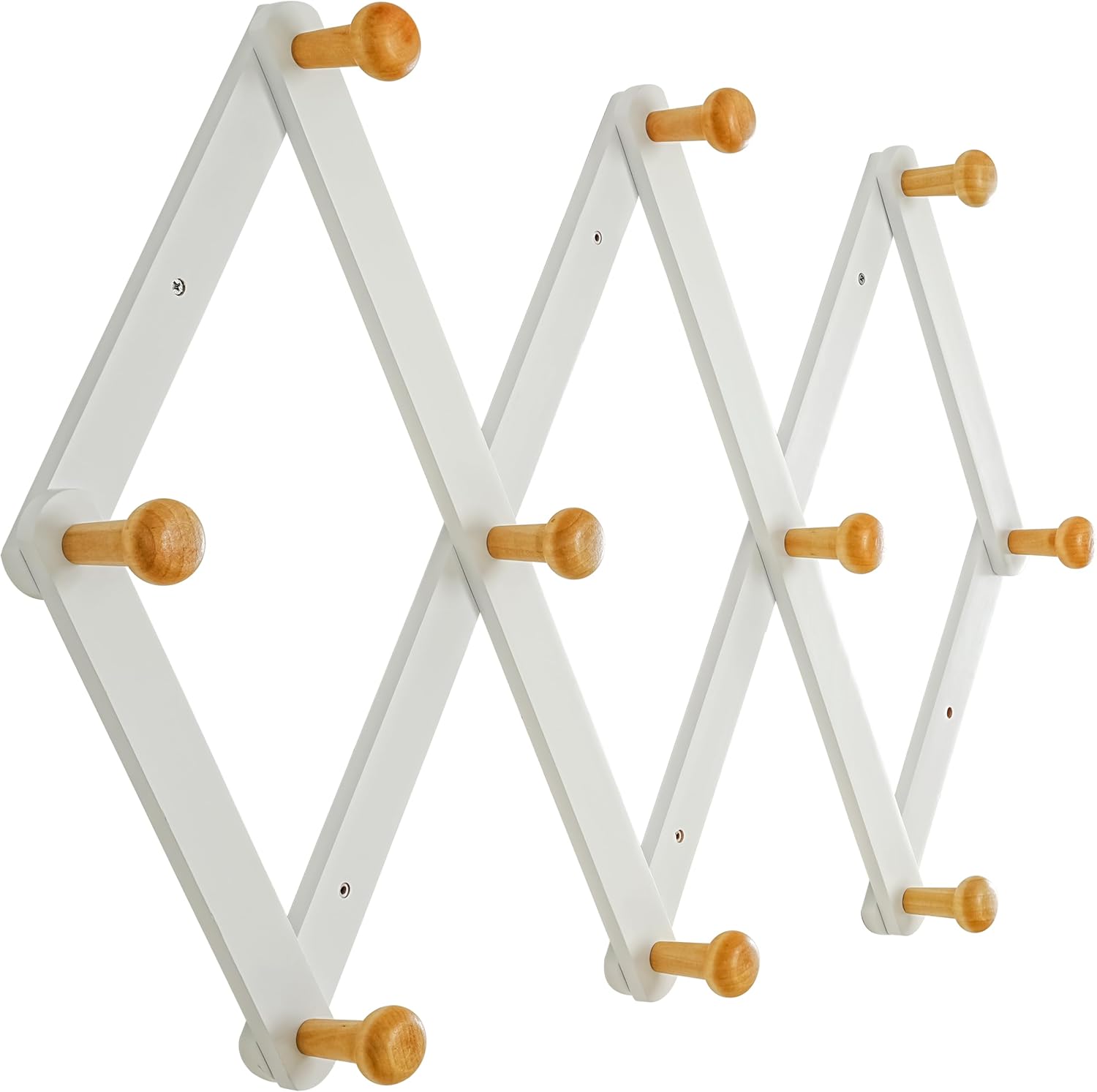 Dseap Expandable Coat Rack (Larger Version) - 24” High, Anti-Slip, Ultra Heavy Duty Wooden Accordian Wall Hanger with 10 Study Peg Hooks for Clothing Hats Jackets Bags, White & Natural