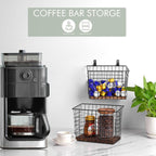 Wall Hanging Baskets 3 Pack, Large Diversified Wire Basket Shelves of Wooden Style, with Wall Mounted Metal Hooks & Traceless Stickers, for Kitchen Coffee Bar Office Room Garage Storage Organization