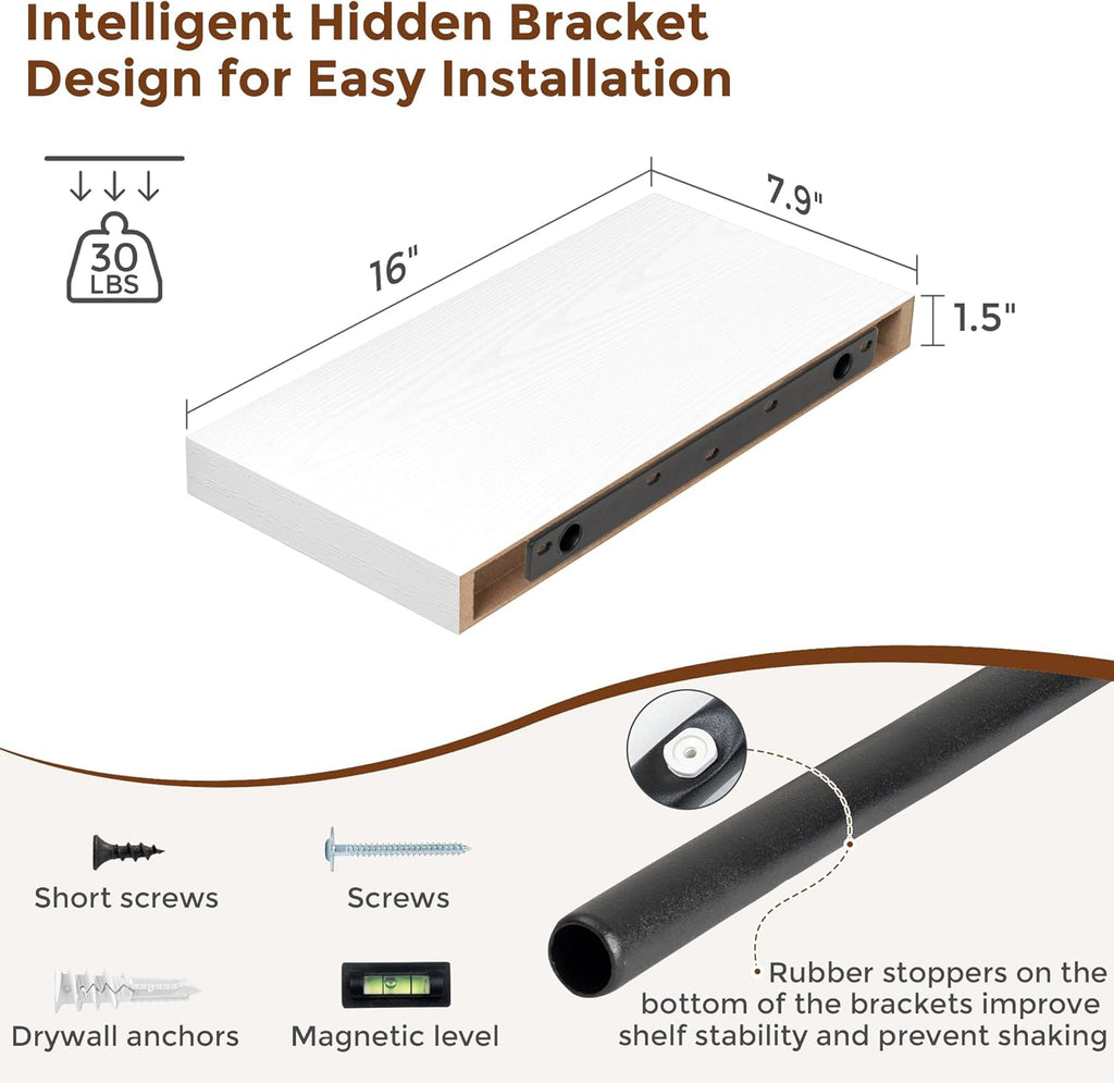 Heimlove 16 Inch Floating Shelves for Wall White Shelves Set of 2,Wall Mounted Rustic Wood 8 Inch Deep Floating Shelf with Invisible Brackets for Bedroom Kitchen Living Room