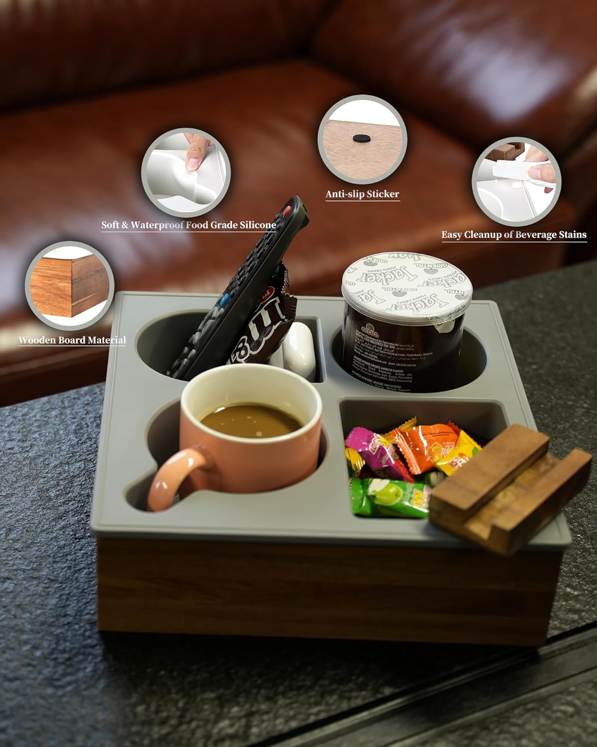 Couch Cup Holder Tray, Handy Soft Silicone Acacia Wooden Couch Caddy for Bed Car Seat Beach Organizer, Waterproof Anti-spill Sofa Cup Holder for Snacks Beverage Remote (Yellow)