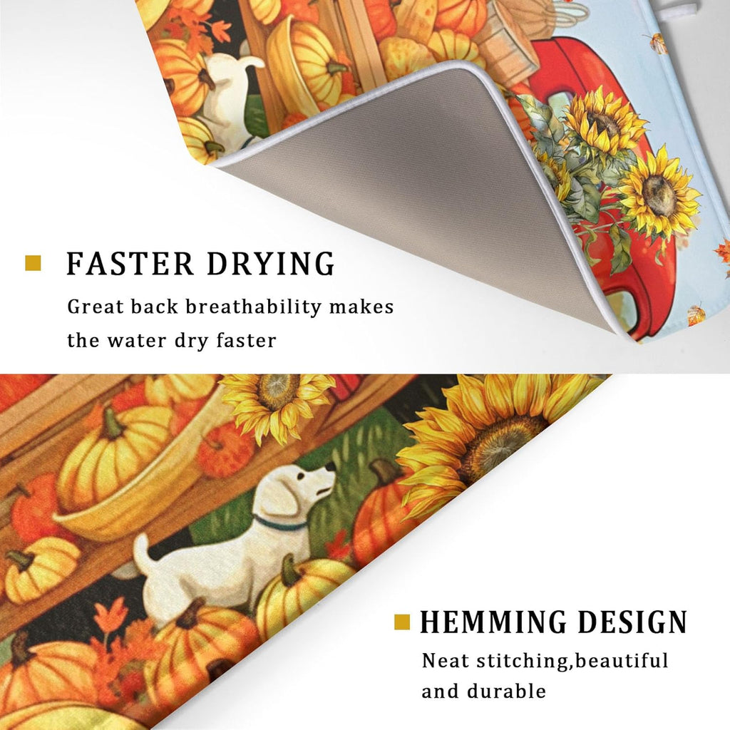 Autumn Pumpkin Red Truck Dish Drying Mat for Kitchen Counter,Fall Leaves Sunflower Cue Dog Harvest Drying Mat 18 x 24 Inch Microfiber Dish Drying Pad Dish Rack Drainer Mat for Coffee Bar