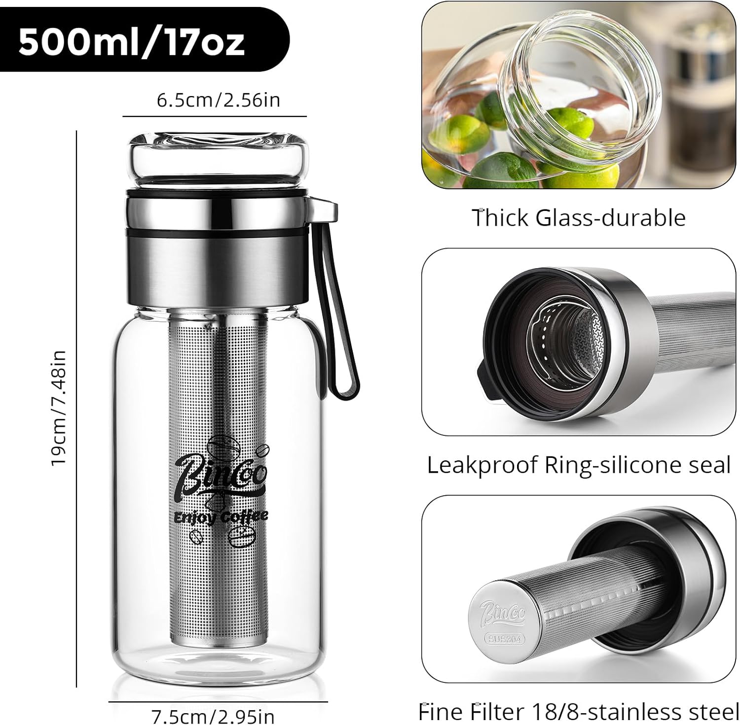 Glass Cold Brew Coffee Maker with Extended Fine Mesh Filter, Tea Infuser Bottle Iced Coffee Maker with Thick Borosilicate Glass (500ml/17oz)