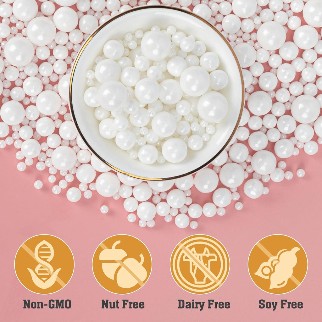 Twisweet White Pearl Sprinkles for Cake Decorating, Edible Sugar Pearls for Baking, Mix Size, Cake Topper Cupcake Cookie Ice Cream Dessert Decorations, Valentines Birthday Christmas Wedding Supplies (130g/4.58oz)