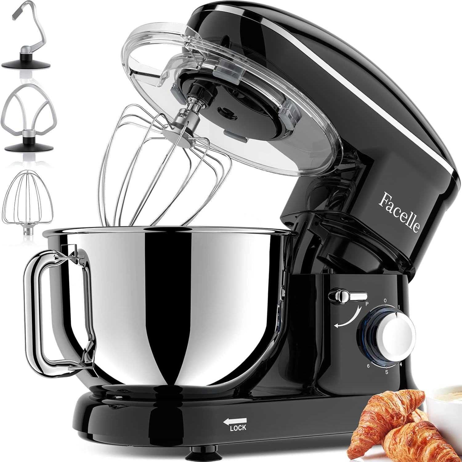 Facelle Stand Mixer, 660W 6 Speed Electric Kitchen Mixer with Pulse Button, Attachments include 6.5QT Bowl, Dishwasher Safe Beater,Dough Hook,Whisk & Splash Guard for Dough,Baking,Cakes,Cookie(Black)