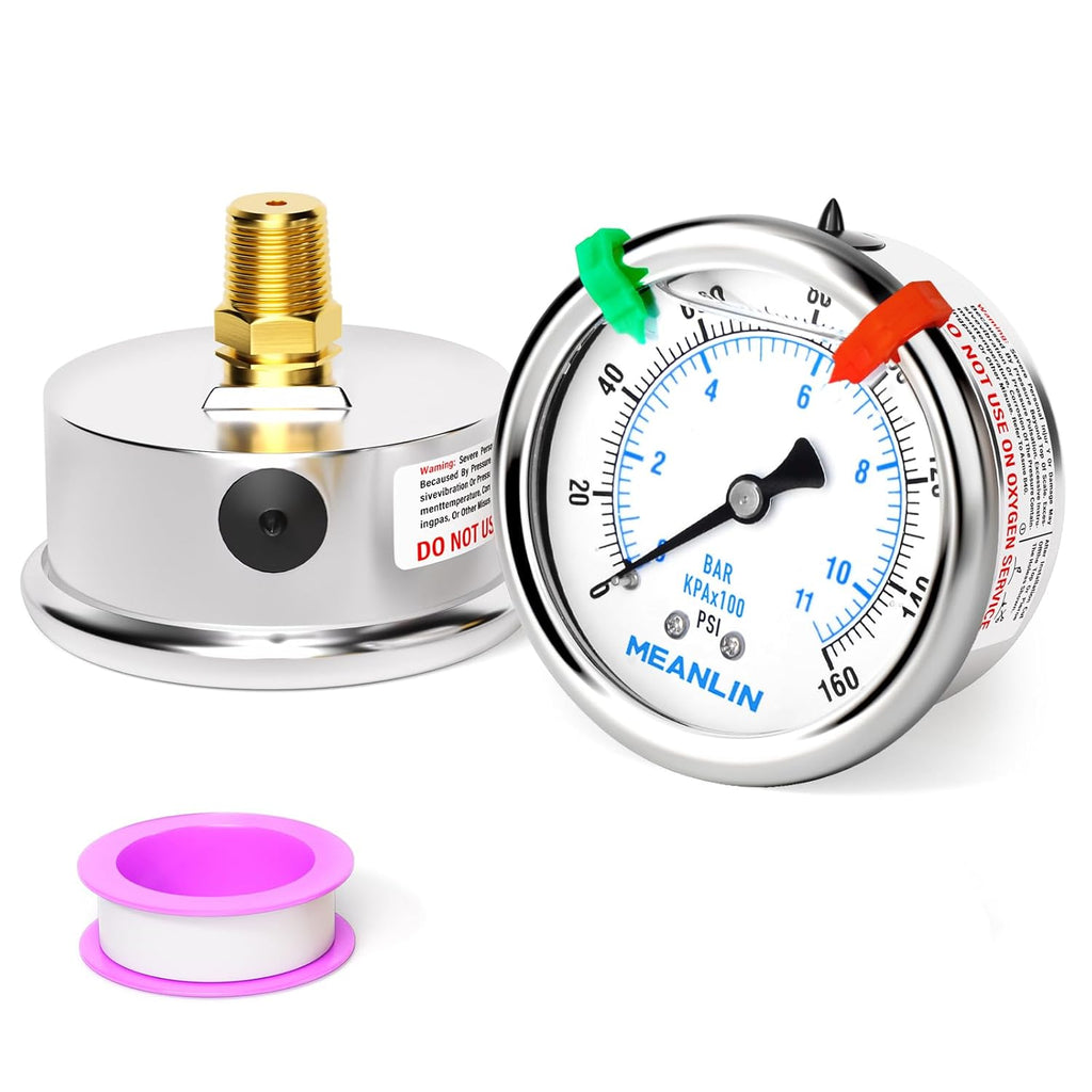 MEANLIN MEASURE 0~160Psi Liquid Filled Pressure Gauge 1/4" NPT 2.5" FACE DIAL Stainless Steel Glycerin Filled WOG Water Oil Air Back Mount (with 2PCS Snaps)