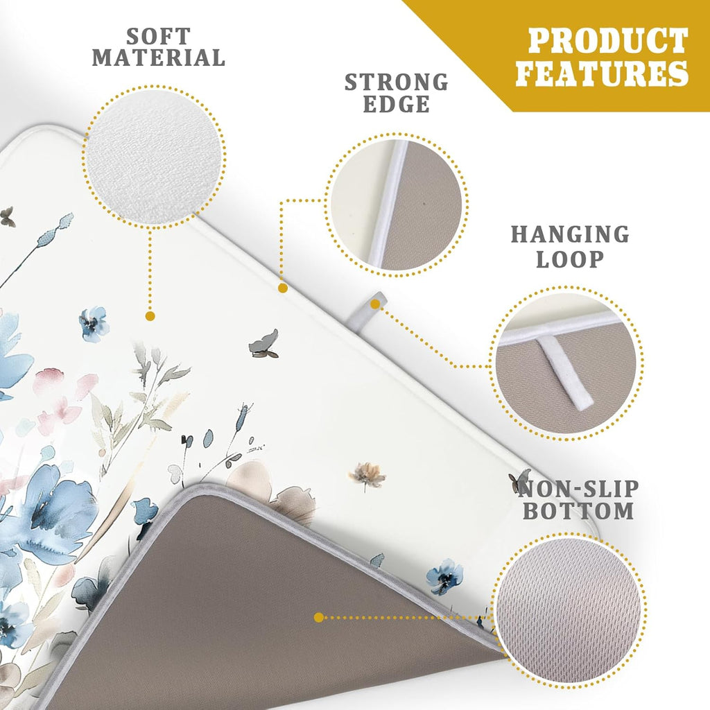 Giwawa Watercolor Floral Dish Drying Mat, 18"x24" Blue Grey Brown Flowers Kitchen Drainer Mats, Spring Summer Wildflower Microfiber Large Dish Drying Pad for Countertop Tabletop Decoration