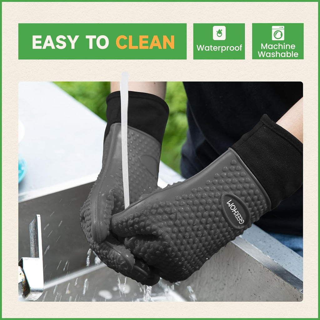 GEEKHOM BBQ Gloves Heat Resistant Oven Mitts - Silicone Grilling Gloves with 14" Long Arm Protection - Waterproof Pot Holder Non-Slip for Men & Women, Kitchen Cooking, Baking, Camping, Gray