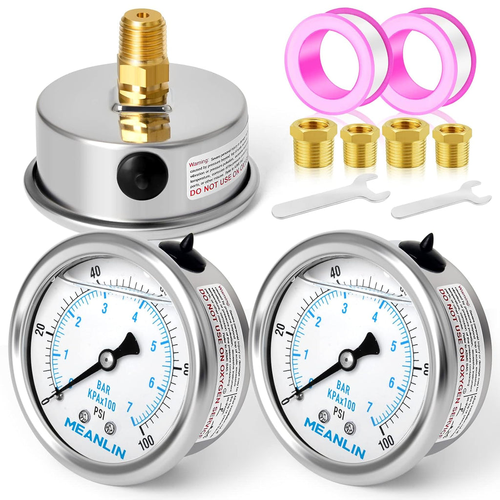 MEANLIN MEASURE 0~100Psi Stainless Steel 1/4" NPT 2.5" FACE DIAL Liquid Filled Pressure Gauge WOG Water Oil Air Back Mount (Pack of 2), with 1/2" NPT and 3/8" NPT Hex Bushing