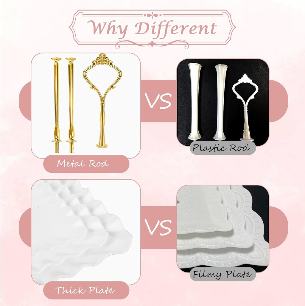 PinCute 5 Pcs Dessert Table Display Set - 2 X Cupcake Stand Holder/Cup Cake Tier Tower & 3 X Serving Tray Combo for Tea Party, Birthday, Baby Shower (Wave Square)