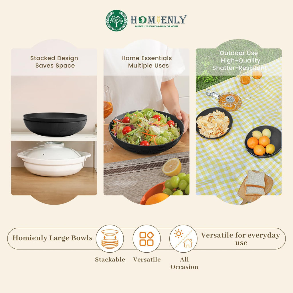 Homienly Wheat Straw Large Salad Bowl Set - Salad Bowls for Kitchen, Party, 60 OZ Large Capacity Serving Bowls Set of 2, Microwave and Dishwasher Safe Big Fruit Bowls (Black)