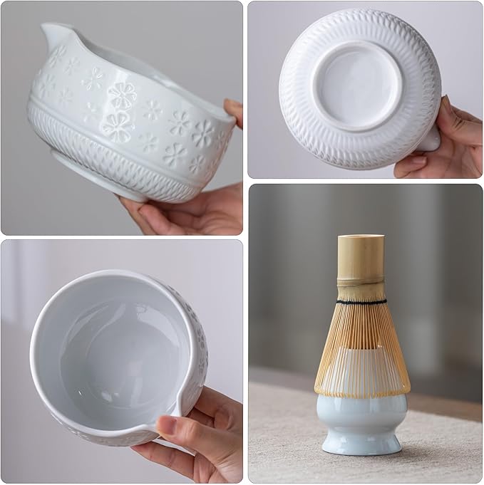 Matcha Whisk Set, Ceramic Matcha Kit Set Includes Matcha Bowl, Matcha Whisk and Holder, Bamboo Scoop, Scoop Rest, Sifter and Tea Towel - 7 Pcs Matcha Kit for Matcha Lovers(White)