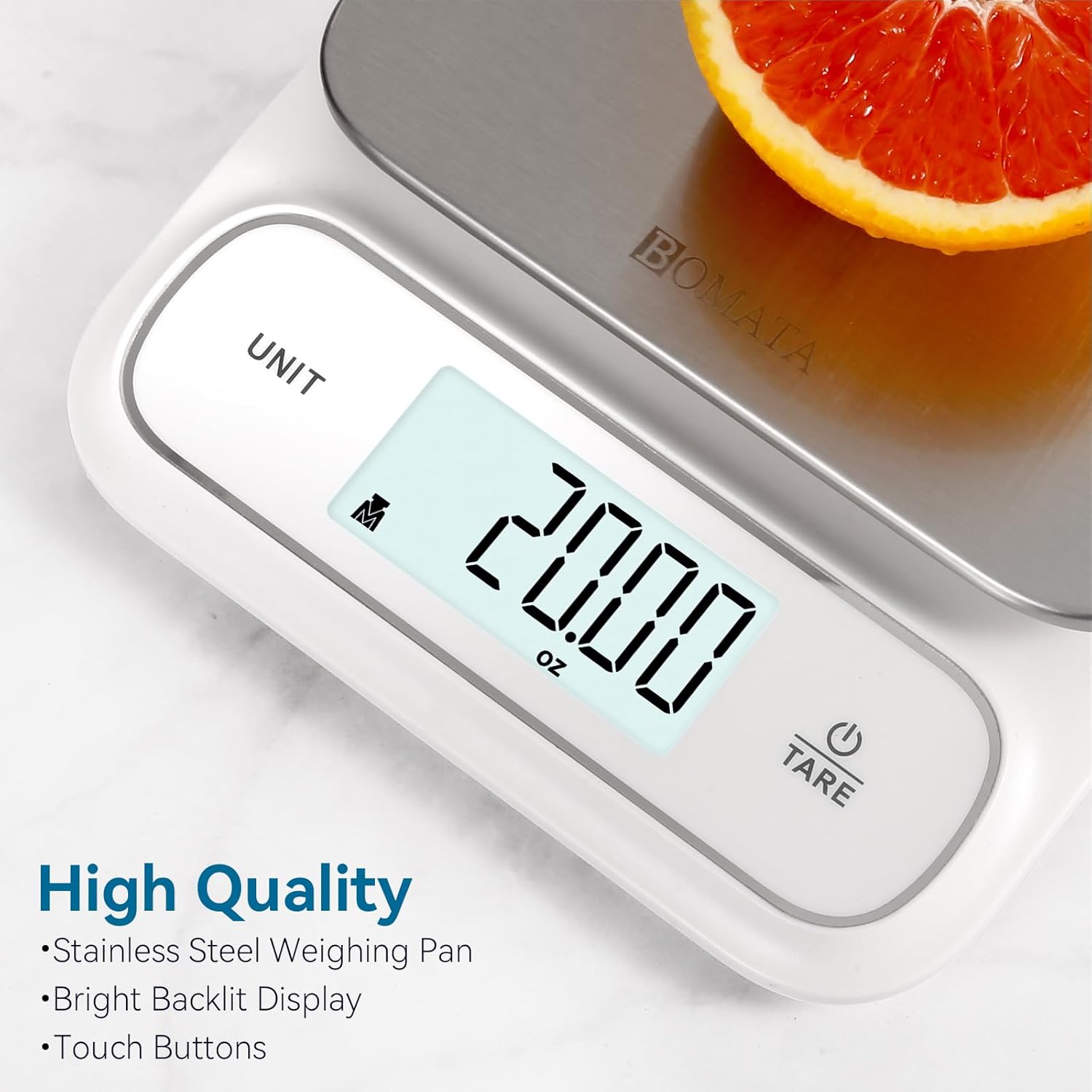 BOMATA Waterproof IPX6 Kitchen Scale, 0.1 g/0.01 oz High Precision, 5 kg/11 lbs, Digital Scale with Backlight, Stainless Steel Weighing Platform, for Food, Cooking, Baking, Weight Loss.. B619, White
