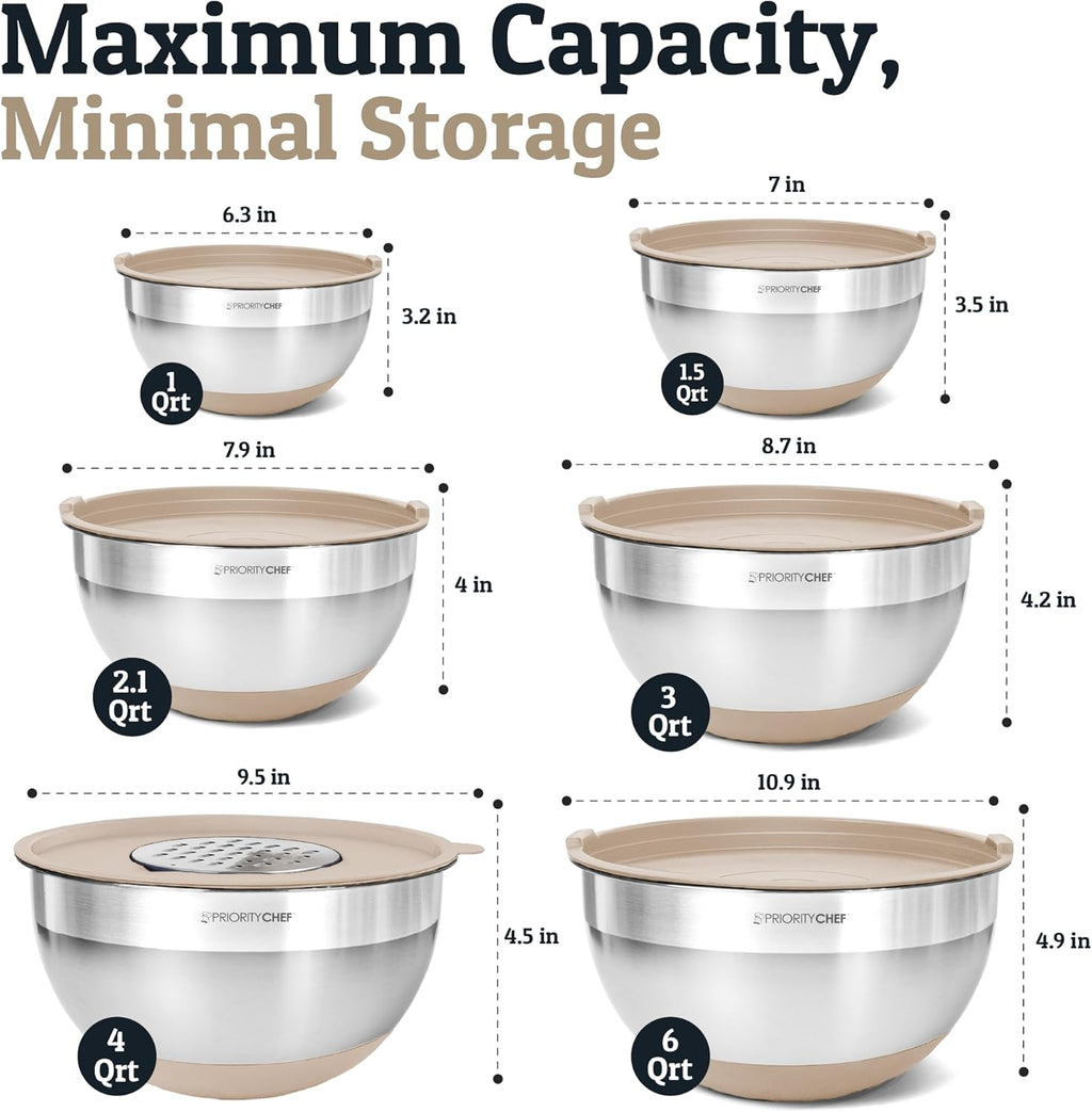 Priority Chef Stainless Steel Mixing Bowls with Lids Set - Premium 30Pcs with 6pc Metal Bowl Set for Kitchen, 3 Graters, Airtight Lids, Non-Slip Bases & Silicone Utensils, Khaki