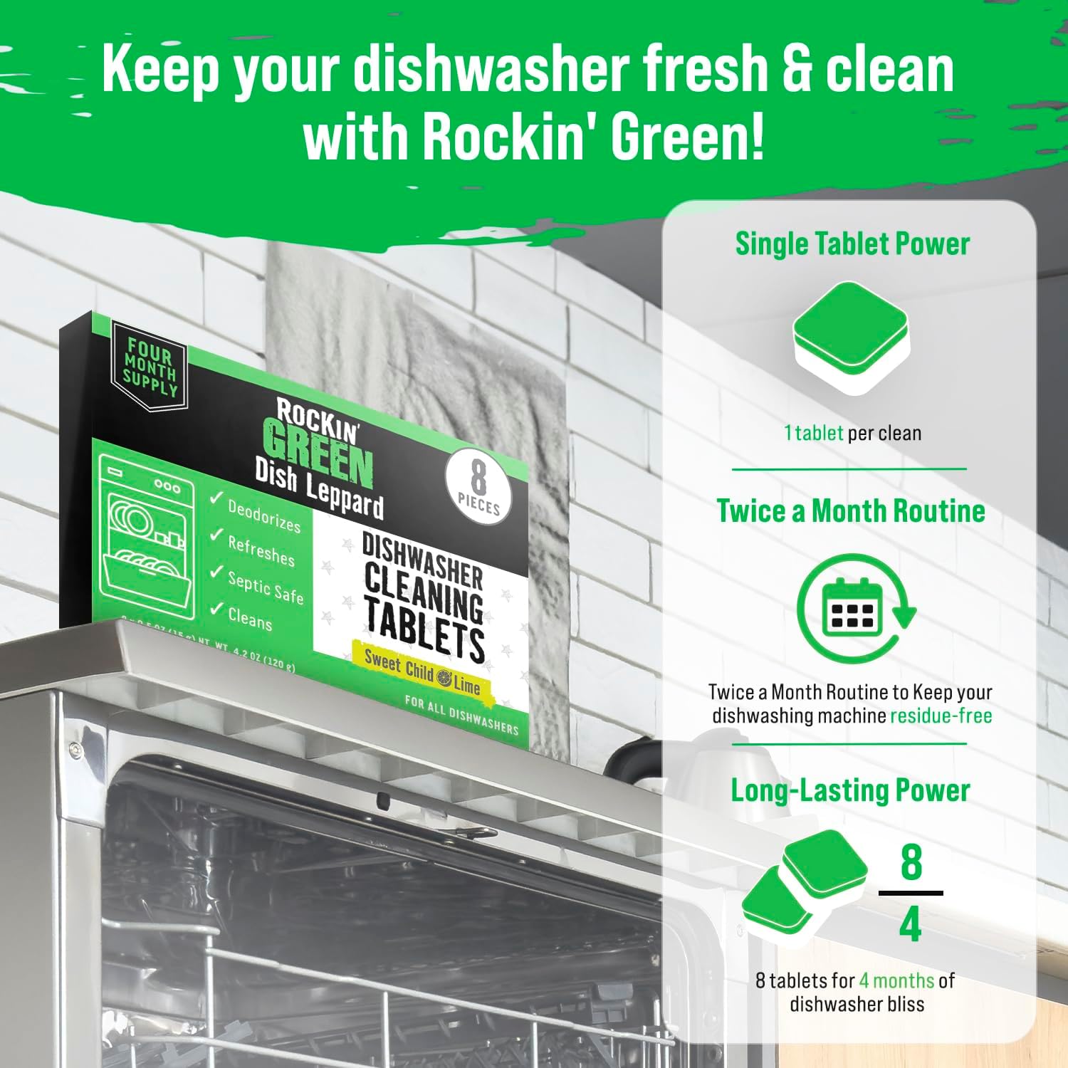 Rockin' Green Dishwasher Cleaner Tablets (8 Pack) - Septic Safe Dishwasher Cleaning Tablets Dishwasher Cleaner and Deodorizer - Dishwasher Remove Build Up with Citric Acid (Sweet Child O'Lime)