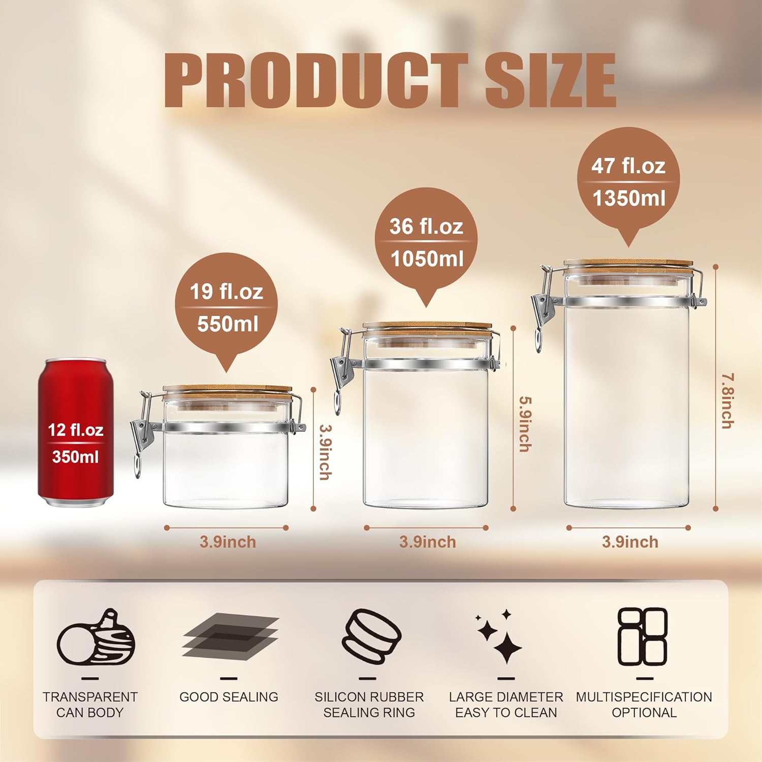36 oz/1050ml Clear Glass Storage Canister with Airtight Bamboo Lid, Medium Decorative Container Jar for Coffee Spice Candy Salt Tea Cookie Condiment Pepper Sugar Overnight Oatmeal Snacks