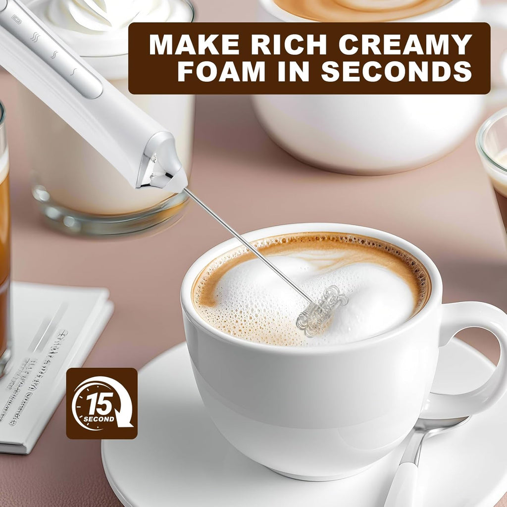 Handheld Electric Milk Frother with 2 Heads, Coffee Whisk Foam Mixer with USB Rechargeable 3 Speeds, Foam Maker Blender for Latte, Cappuccino, Hot Chocolate, Egg (White)