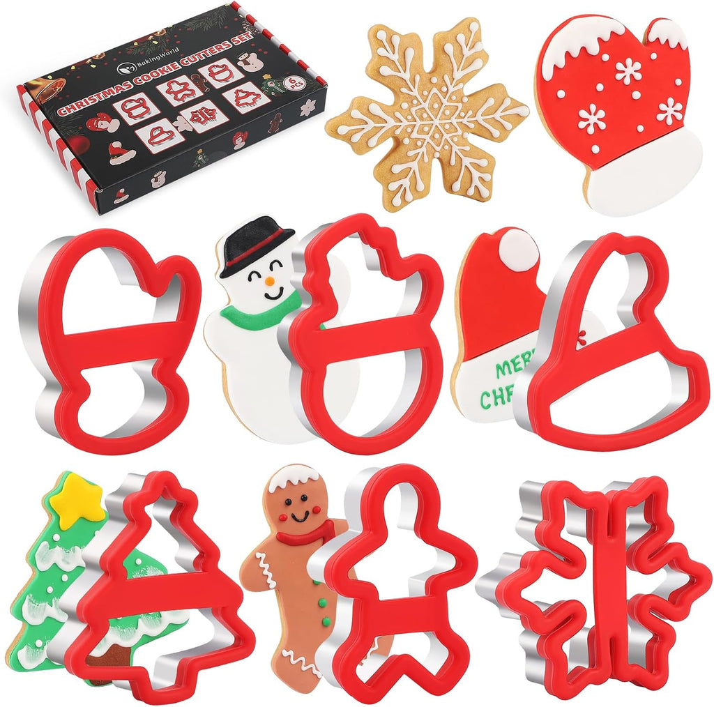 Christmas Cookie Cutters, 6 Pcs Holiday Cookie Cutter with Comfort Grip - Gingerbread Men, Christmas Tree, Snowflake, Santa Hat, Gloves, Snow Man Shapes Cookie Mold for Winter Holiday Party Supplies