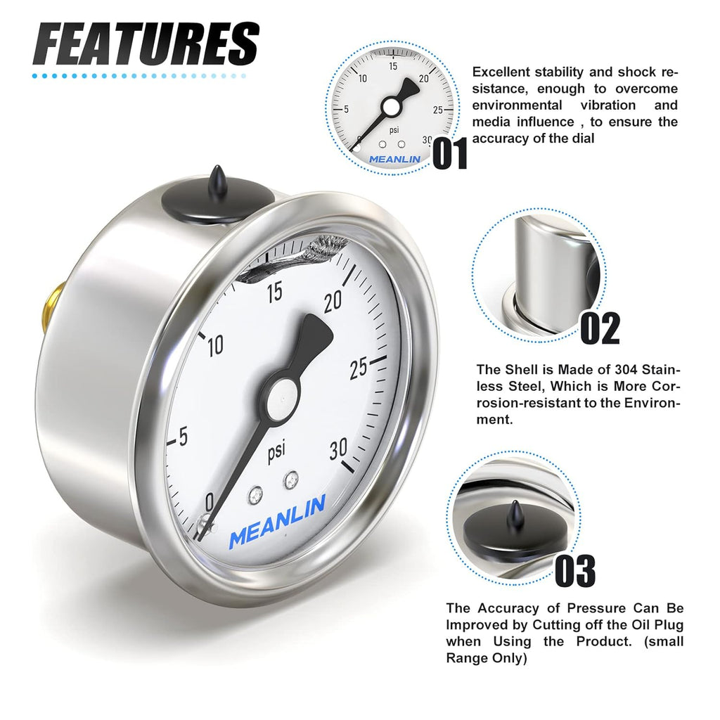 MEANLIN MEASURE 0~30Psi Stainless Steel 1/4" NPT 2.5" Single Scale FACE DIAL, Glycerin Filled Pressure Gauge, WOG Water Oil Air, Back Mount, with 1/2" NPT and 3/8" NPT Hex Bushing