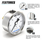 MEANLIN MEASURE 0~30Psi Stainless Steel 1/4" NPT 2.5" Single Scale FACE DIAL, Glycerin Filled Pressure Gauge, WOG Water Oil Air, Back Mount, with 1/2" NPT and 3/8" NPT Hex Bushing