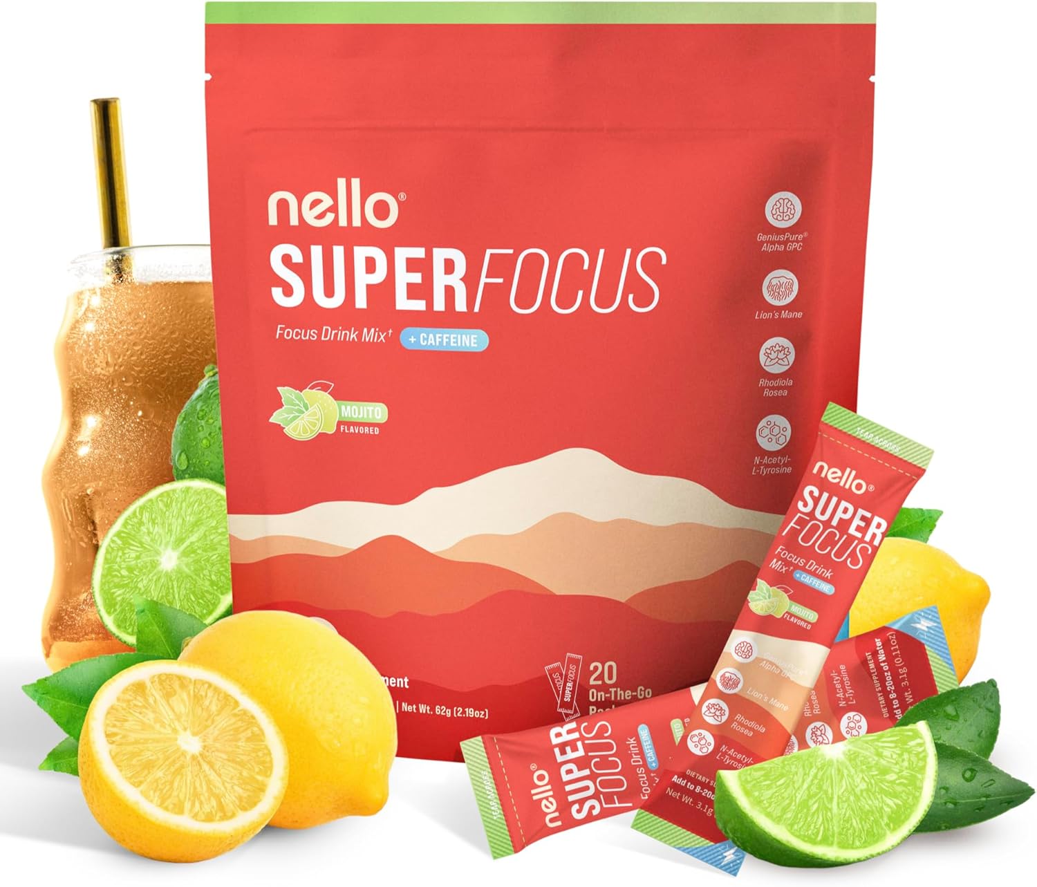 SuperFocus Mojito with Caffeine– Nootropic Focus Drink Mix, 20 On-The-Go Packets, Alpha GPC, Lion’s Mane, Rhodiola, Sugar-Free