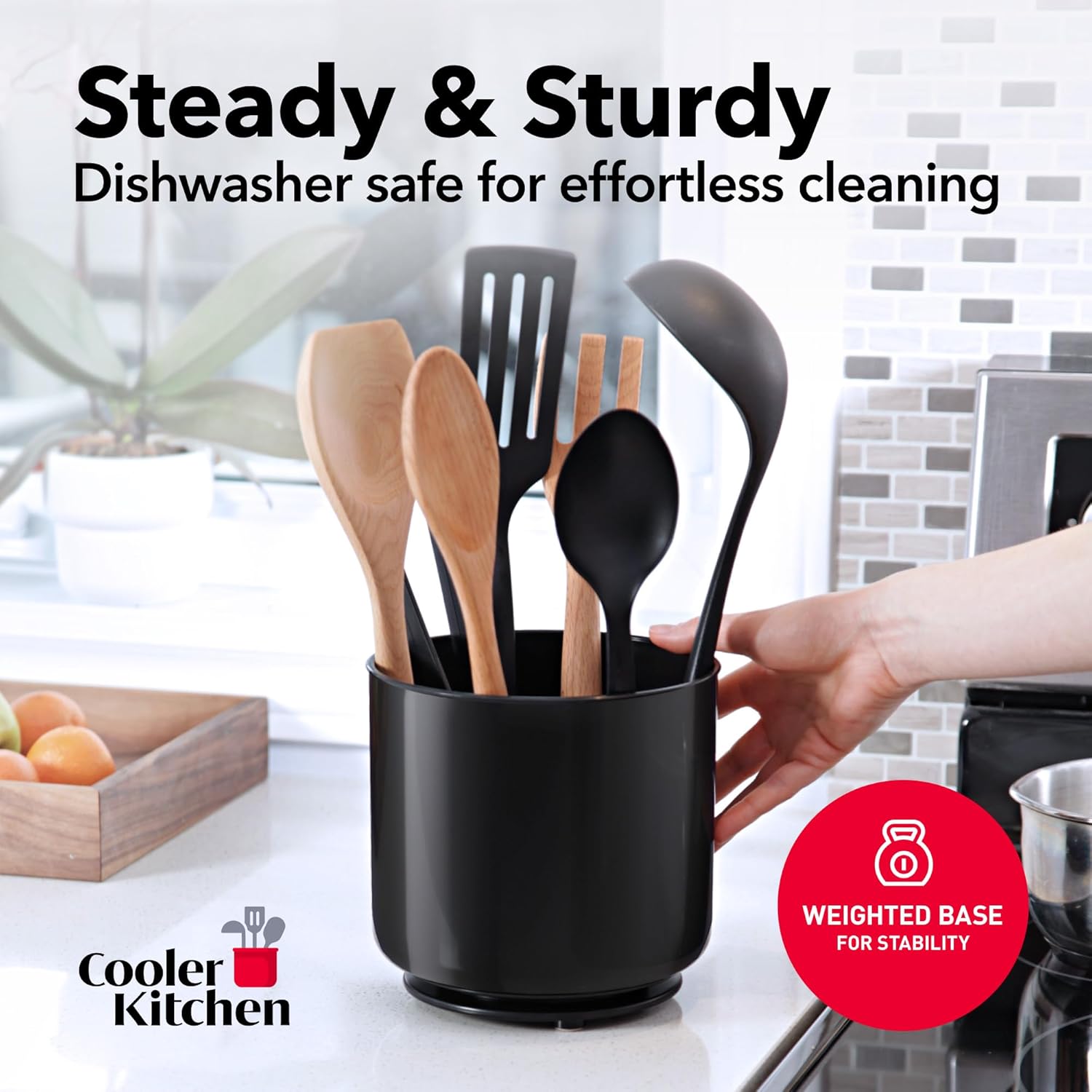 Extra Large Sturdy Rotating Black Utensil Holder Caddy with No-Tip Weighted Base, and Gripped Insert - Rust Proof and Dishwasher Safe Kitchen Utensils Holder
