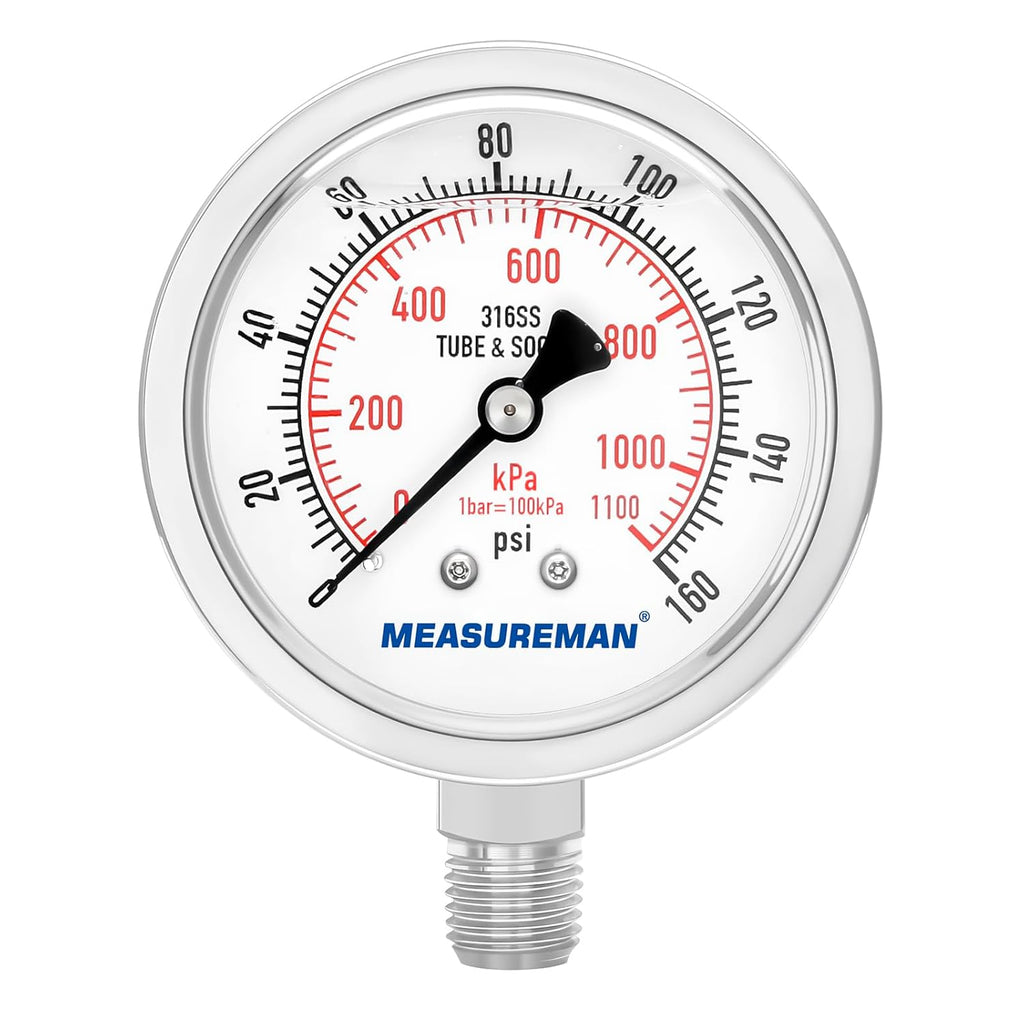 MEASUREMAN Fully Stainless Steel Hydraulic Glycerin Filled Pressure Gauge, 2-1/2" Dial Size,0-160psi/kpa,1/4" NPT Lower Mount
