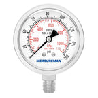 MEASUREMAN Fully Stainless Steel Hydraulic Glycerin Filled Pressure Gauge, 2-1/2" Dial Size,0-160psi/kpa,1/4" NPT Lower Mount