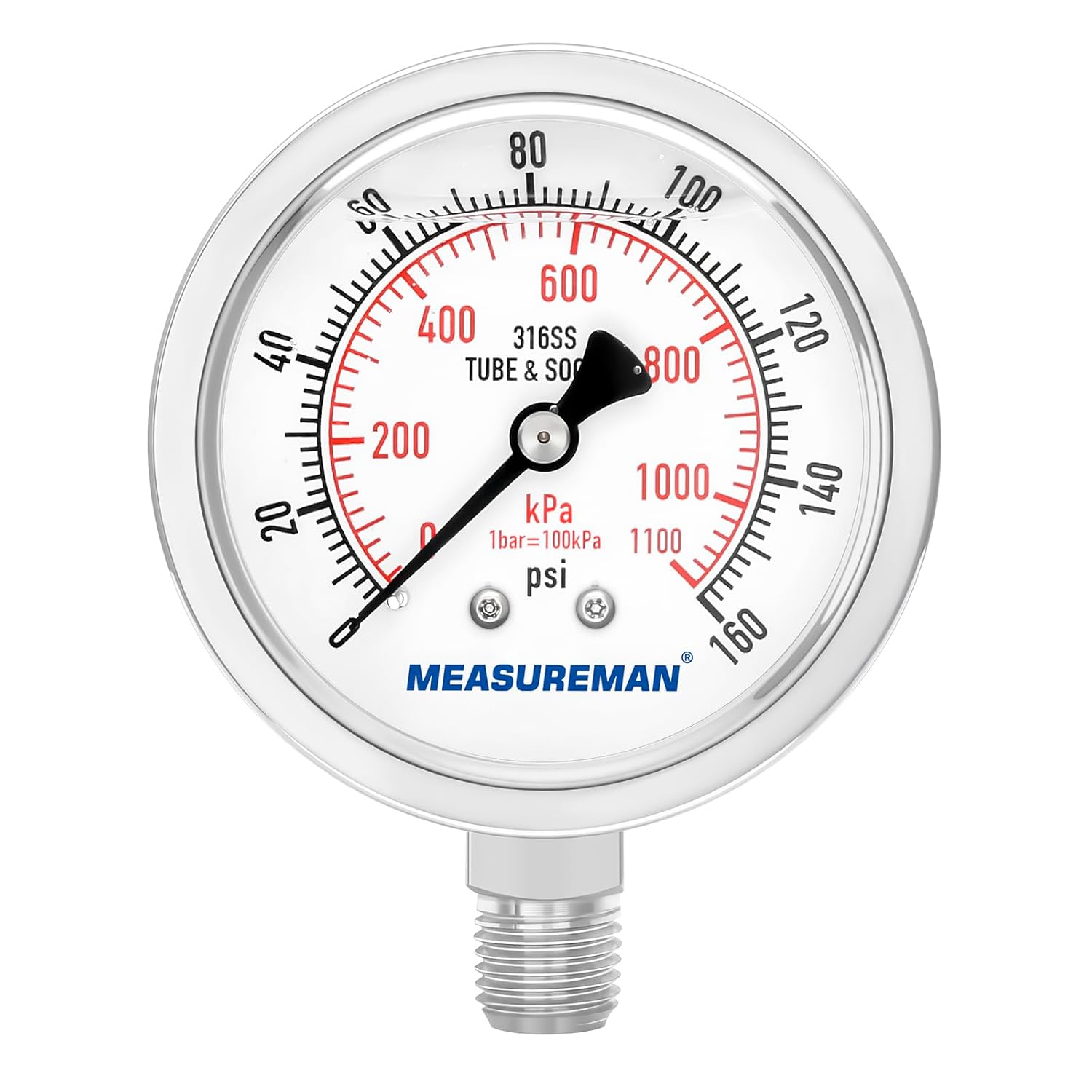 MEASUREMAN Fully Stainless Steel Hydraulic Glycerin Filled Pressure Gauge, 2-1/2" Dial Size,0-160psi/kpa,1/4" NPT Lower Mount