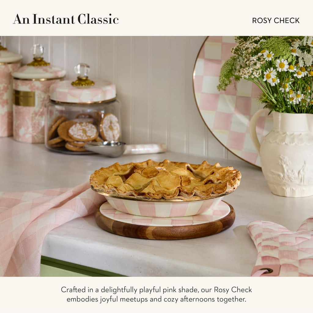 MACKENZIE-CHILDS Enamel Pie Plate, Ovenproof Pie Pan for Cooking and Serving, Pink-and-White Rosy Check
