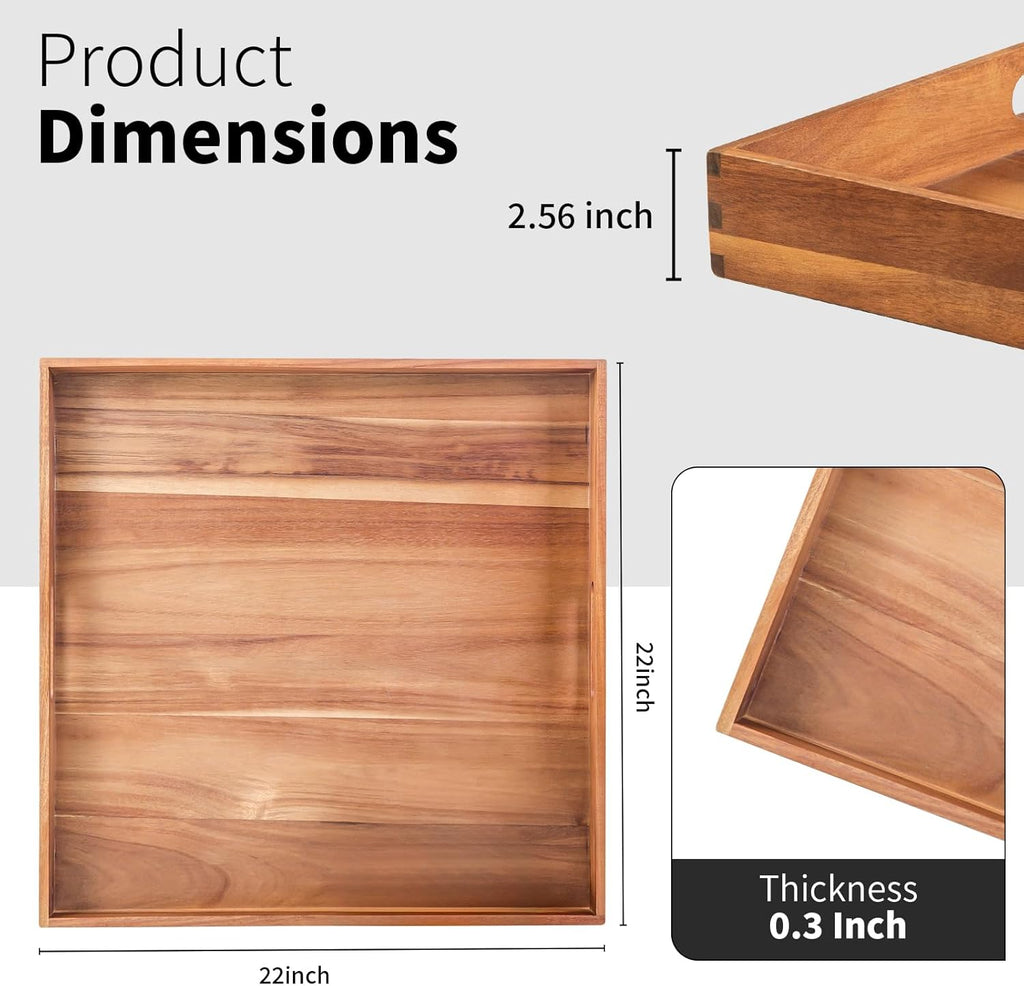 22-INCH Huge Ottoman Tray for for Living Room Large Wood Trays for Ottoman Square Wooden Serving Trays with Handles Decorative Trays for Party, Food Serving, Breakfast, Dinner, Coffee Tea, Appetizers