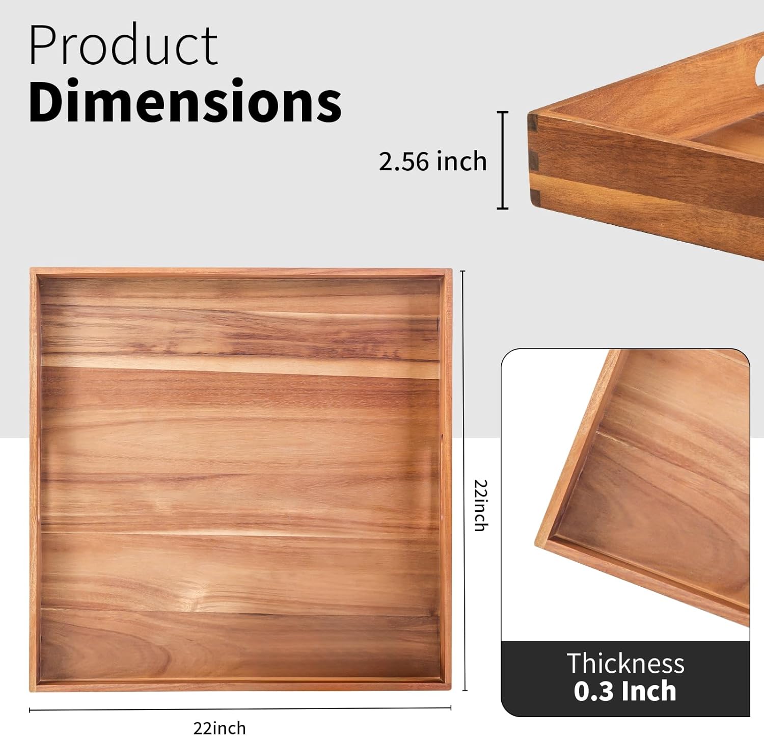 22-INCH Huge Ottoman Tray for for Living Room Large Wood Trays for Ottoman Square Wooden Serving Trays with Handles Decorative Trays for Party, Food Serving, Breakfast, Dinner, Coffee Tea, Appetizers